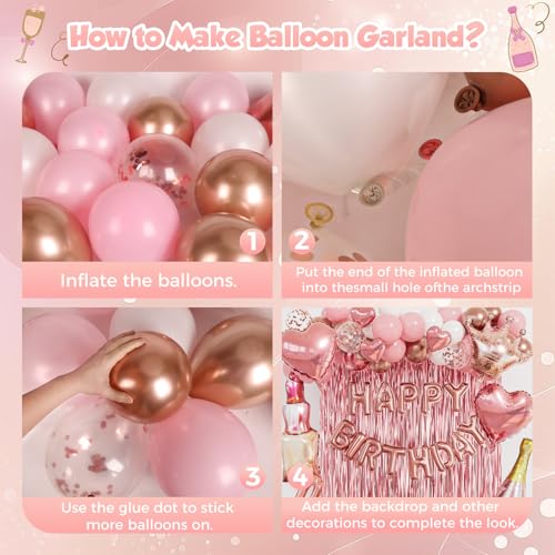 Image of Piece Rose Gold Birthday Decorations for Women 96pcs, Pink Balloons birthday decorations with Happy Birthday Banner, Rose Gold Foil Fringe Curtains for Valentines Wedding Romantic Party Decor