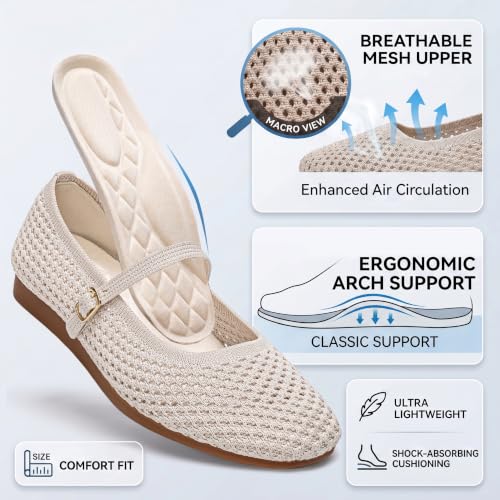 Image of Buyrew Women's Mary Jane Flats Breathable Mesh Square Toe Ballet Flats with Arch Support Washable Non Slip Casual Dress Shoes for Work Office