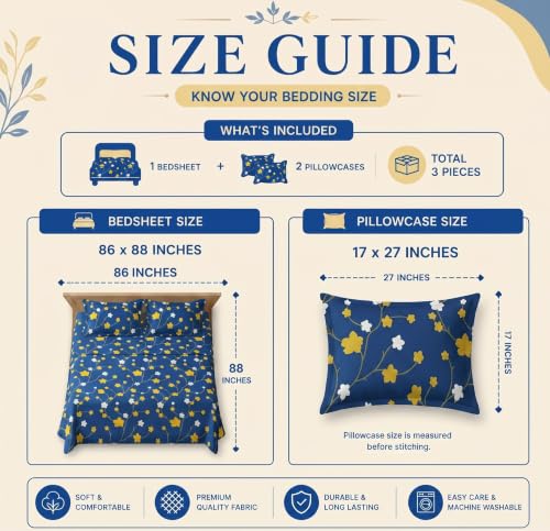 Image of HOMEKART Glace Cotton 160 TC Star Double Bedsheet with 2 King Size Pillow Covers | Soft & Durable | 86 x 88Inches (Dark Blue & Yellow)