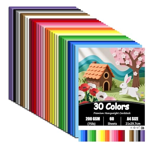60 Blatt Tonpapier A4 Bunt, 30 Farben - 200 g/m² Tonkarton, Bastelkarton für Malen Kartenherstellung Einladungen Scrapbook Basteln, 21 x 29.7cm