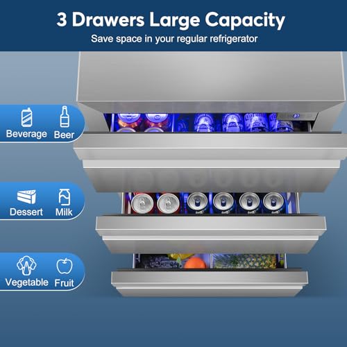 Image of 24 inch Stainless Steel Undercounter Beverage Fridge, 3-Drawer with Wheels | Waterproof design, Adjustable temperature, for home bar garage patio, Digital thermostat, Built-in or freestanding