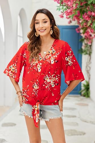 Womens Casual Tie Front Tops Floral Dolman Tops 3/4 Sleeve V Neck Loose Fitted Boho Summer Blouse Shirt3