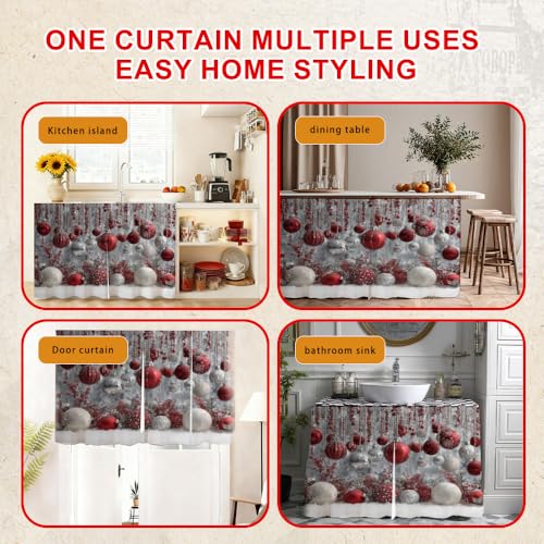 Image of Self Adhesive Red & Silver Bauble Cabinet Curtain for Mother's Day, 39x28 Inch Sparkling Ornaments Under Sink Skirt No Drill, Spring Cleaning Kitchen Decor, Hook and Loop Valance