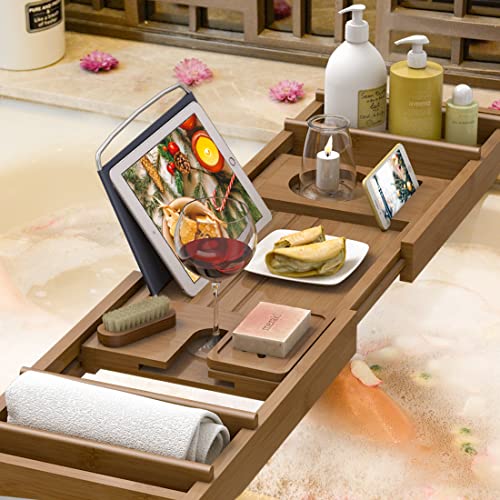 Badewannen-Caddy für Badewanne – Bambus, verstellbares Organizer-Tablett für Badezimmer mit kostenloser Seifenschale, geeignet für Luxus-Spa oder Lesen (Walnuss)