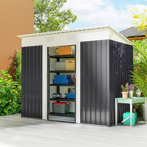 Image of Outsunny 7' x 3.6' Metal Lean to Garden Shed, Outdoor Storage Shed, Garden Tool House with Double Sliding Doors, 2 Air Vents for Backyard, Patio, Lawn, Gray
