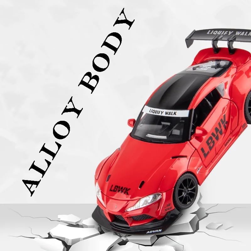 Image of PINQUE Kids Toyota Supra GR LBWK 1:24 Diecast Alloy Metal Pull Back Car With Openable Doors, Music, Sound and Light - Vehicle Toy for Boys (Red)