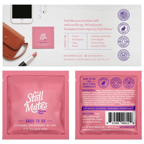 Stall Mates Wipes Feminine Fresh - Flushable | Individually Wrapped Cleansing Travel Friendly PH balanced Unscented with Sunflower, Rosemary and Aloe - Image 4