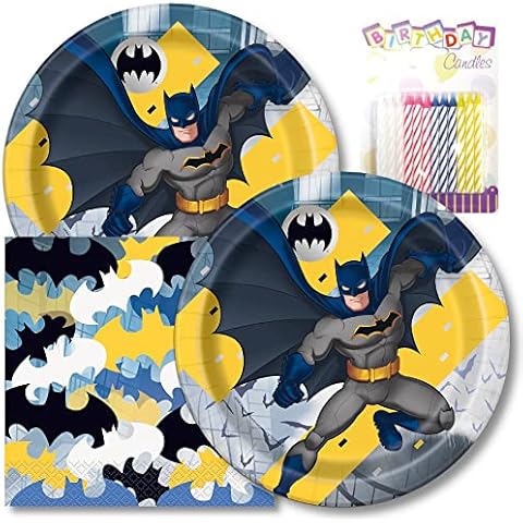Batman Happy Birthday Plates & Napkins Party Supplies - 9" Happy Birthday Party Plates for Lunch Serves 16 - Birthday Paper Plates & Napkin Set Plus 24 Birthday Candles Cover