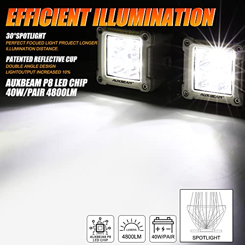 Auxbeam White Led Light Pods, 3" 40W Offroad Led Spot Beam Cube Light Bar 4800Lm Off Road Driving Work Lights With Dt Wiring Harness For Suv Jeep Boat Pickup Trucks #TOP2