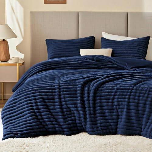EXQ Home Fluffy Comforter Set Full Size - Super Soft Faux Fur Stripe Jacquard Comforter 3 Pieces Navy Blue Fleece Bedding Set Winter Warm Bed Set 1 Comforter with 2 Pillowcases