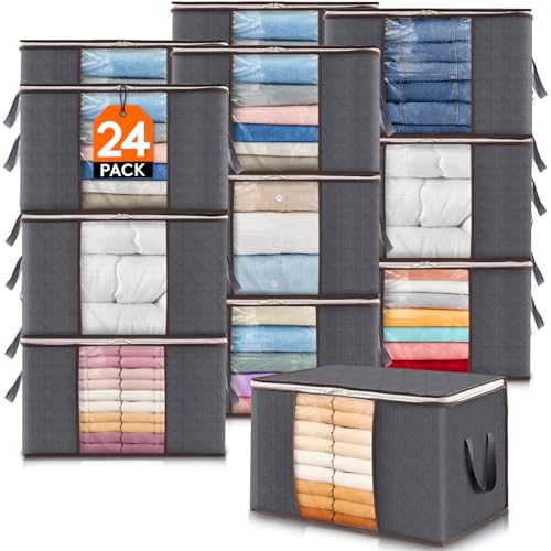Image of Lifewit 24 Pack 60L Clothes Storage Bins with Lids, Foldable Blanket Storage Bags with Zippers, Clear Window and Reinforced Handles, Closet and Organization for Clothing, Sweater, Comforter, Bedding