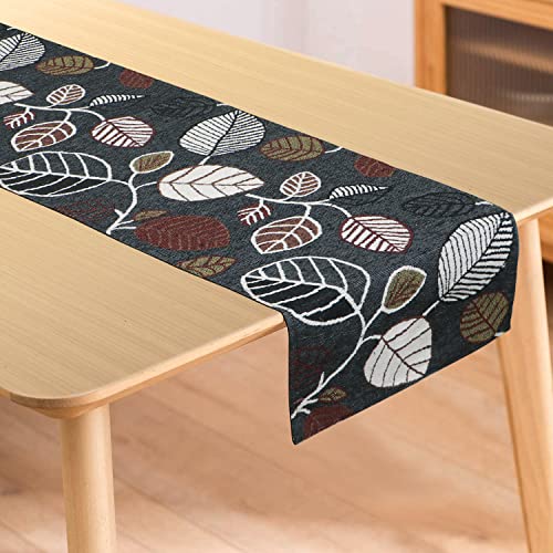 Image of HOKIPO Cotton Jacquard Dining Table Runner 6 Seater, 12X52 Inches (In-531-D5Grey Leaves)