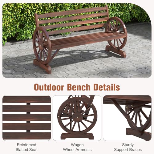 Image of Kinfant 55 inch Outdoor Wooden Wagon Bench with Wheel Armrest and Slatted Backrest for Backyard, Garden, Porch, Patio, Rustic Brown