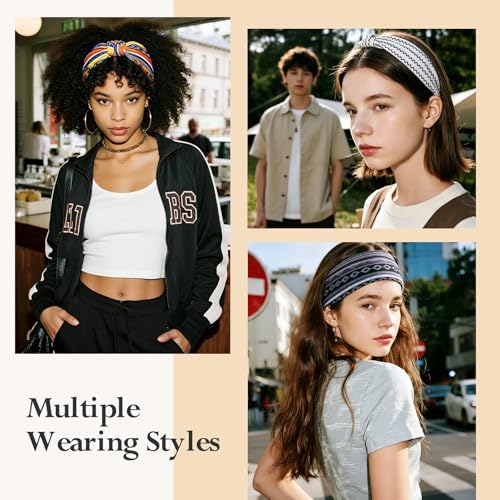 Image of HSEM Striped Headbands for Women 6-Pack - Soft Thick Head Bands, Wide Stretchy Elastic Non-Slip Bands - Large Knotted Sports Sweat Bands for Washing Face, Makeup, Running, Spa, Fitness & Fashion