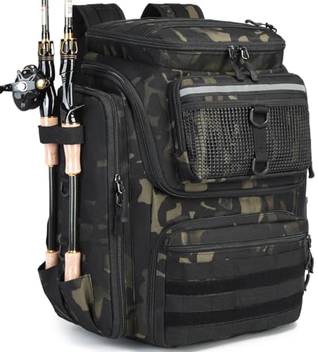 BlesMaller Sac à Dos de Pêche avec Porte-Canne 45L Large Résistant à l'eau Sac de Rangement pour Accessoires de Pêche pour la Randonnée, Camping, Trekking, Sport de Plein Air (Type A - sans Boîte)