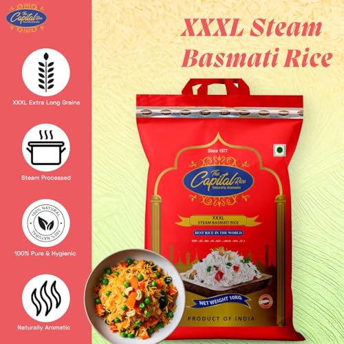 Image of The Capital XXXL Basmati Rice - 10Kg | Extra Long Grain Steam Rice | Naturally Aromatic, Fluffy & Non-Sticky | Ideal for Biryani, Pulao & Daily Meals