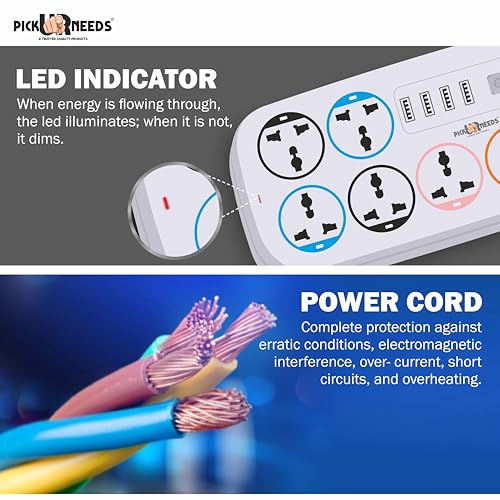 Image of Pick Ur Needs Extension Cord /Board /Power Strip with 4 USB Charging Ports and 6 Socket -10 Amp for Multiple Electronic Devices Smartphone Tablet Laptop