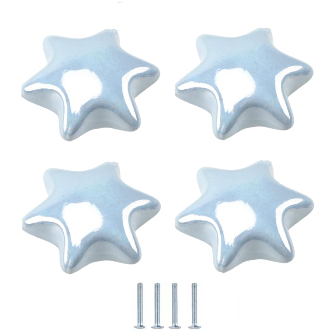 ENmrfvkz Ceramic Cupboard Drawer Handle Knobs, Ceramic Cupboard Drawer Knobs, Cloud and Star, 4 Pcs Multicolor(Blue Six-Pointed Star)