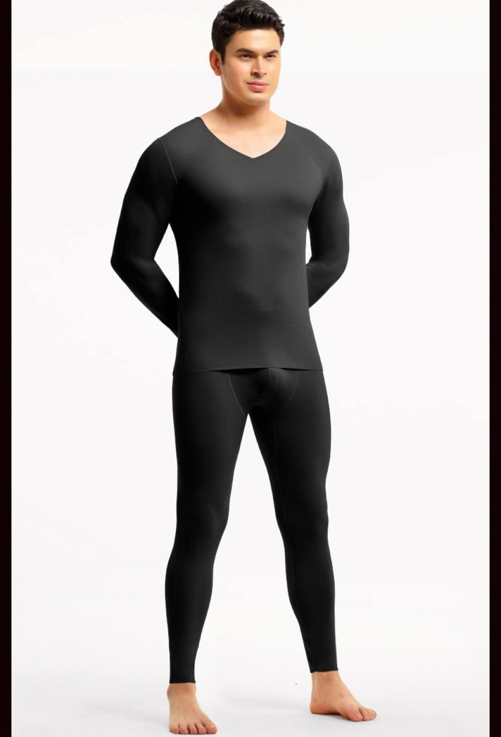Herren Thermounterwäsche Mit Fleecefutter, Lange Unterhose, V-Ausschnitt, Winter, Langärmlig, Oberteil Und Unterhose, Feuchtigkeitsableitend, Warm, Atmungsaktiv, Bequem, Mitt, Black, L