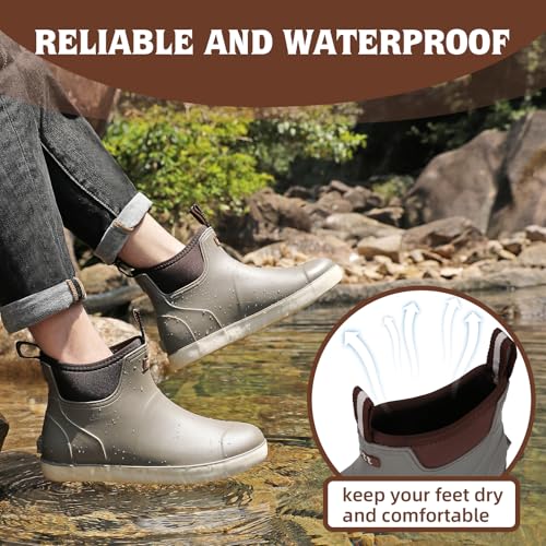 Men’s Deck Boots, Waterproof Men High Traction Fishing Boots, Lightweight Garden Rain Boots, Rubber Boots for Work Ankle, Durable Water Shoes for Boat2