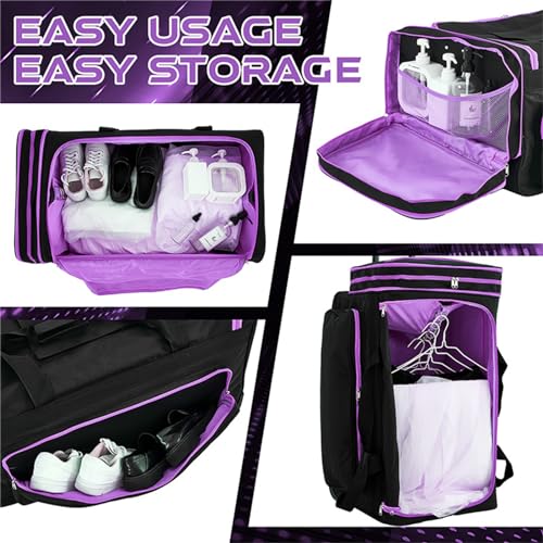 Travel Dance Bag with Garment Rack, Dancers Costume Garment Bag with Wheels, Collapsible Rolling Garment Bags,Purple,28in4