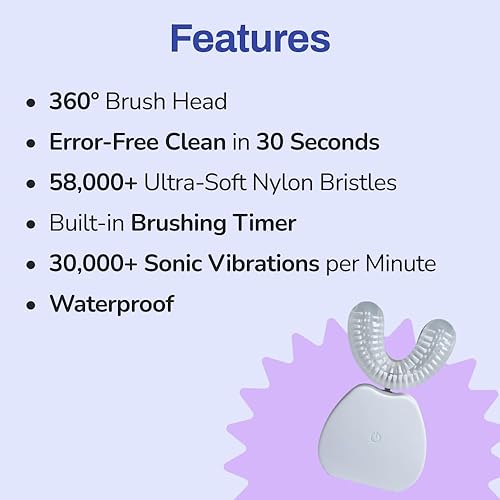 Miniatura 4 de AutoBrush Cepillo de dientes eléctrico sónico en forma de U para adultos, cepillo de dientes ultrasónico de 360 con cerdas de nailon únicas,