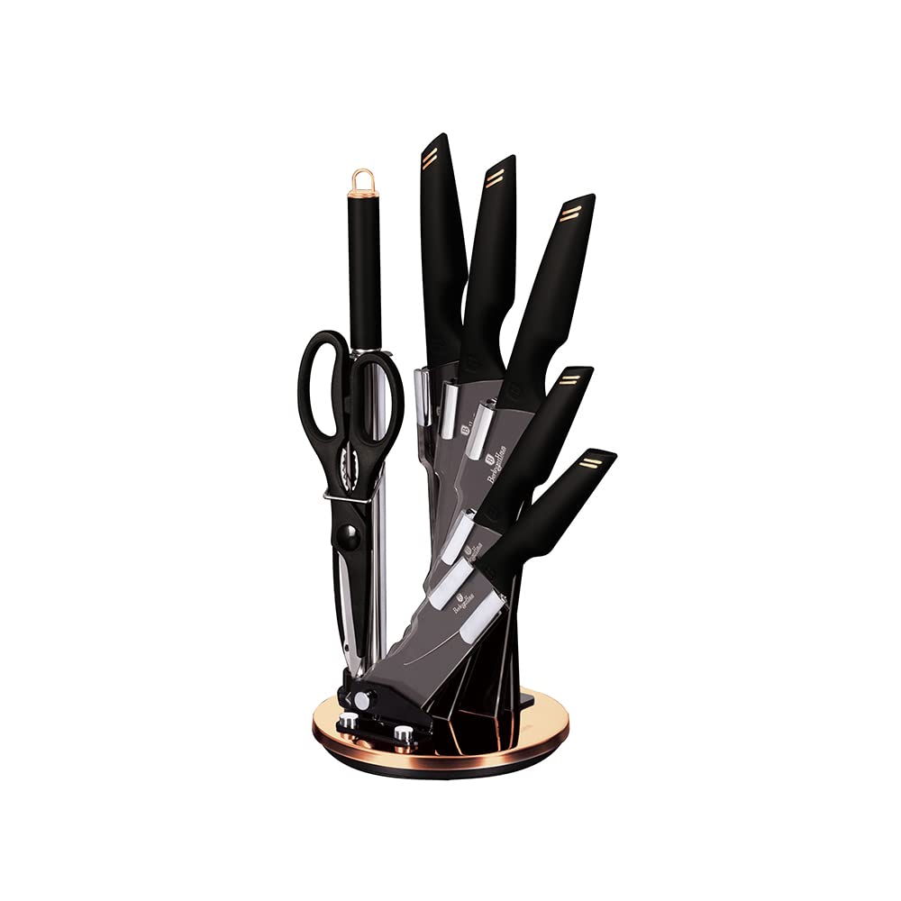 Berlinger Haus, Set de Couteaux de Cuisine Haut de Gamme, 8 Pièces avec support en acrylique, couleur black- rose gold, en acier inoxydable avec revêtement noir antiadhésif, Collection Black Rose