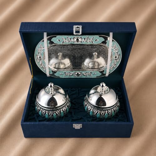 Image of Diviniti Silver Plated 2 Bowl Tray Set with Lids | Decorative Serveware for Dry Fruits, Sweets & Mouth Fresheners | Luxury Home Decor & Gifting Item for Dining Table, Diwali & Corporate Gifts (Blue)