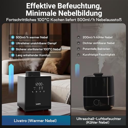 Livatro Luftbefeuchter Schlafzimmer Top-Fill, 3L Edelstahl Warmnebel Luftbefeuchter, Reduziert 99,97% der Bakterien, Für Schlafzimmer und Wohnzimmer, Spülmaschinenfest Humidifier,mit Schlafmodus – Bild 4