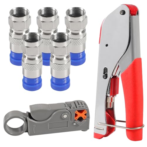 5Pcs F Type RG6 Compression Connectors Coaxial Cable Crimper Kit with Wire Stripper Repair Tool Compatible with RG59 RG6 RG11 Compatible Adjustable Tool for Satellite TV Home Use