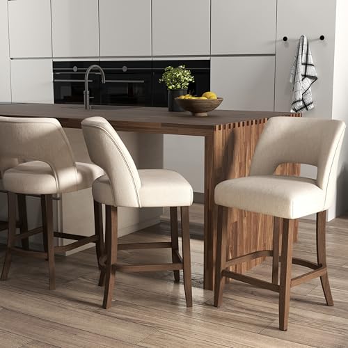 Image of VKNOW Bar Stools Set of 2, 26 inch Upholstered Counter Height Bar Stools, Modern Counter Stools with Wood Legs for Kitchen Island Dining Room Bar, Beige