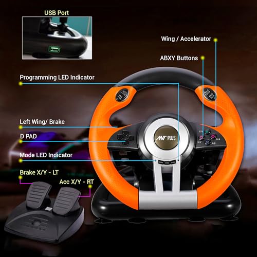 Image of Ant Plus Fire Pro V3 Racing Wheel 270 Degree Universal USB Powered Car Sim Game Steering Wheel with Gear Shifter and Pedals for Xbox One, PS3, PS4, Switch, Android TV Black Orange
