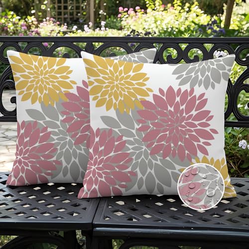 Ardjxue Lot de 2 Housses de Coussin D'extérieur 40 x 40 cm Motif Dahlia Rose JauneIdéales l'été ou l'automne Double FaceImperméables Modernes pour Canapé...