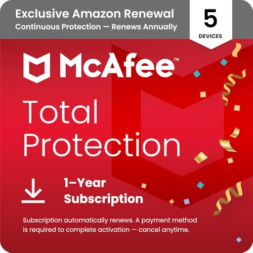 McAfee Total Protection 5-Device 2025 Ready | Security Software Includes Antivirus, Secure VPN, Password Manager, Identity Monitoring | 1 Year Subscription with Auto Renewal