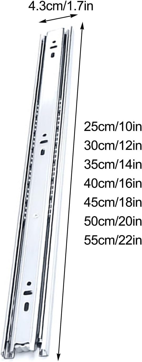 2-częściowe prowadnice do szuflad, nośność 45 kg, z kulką, mocowanie boczne, metalowe, wyciszenie trzyczęściowe, mebli, komód lub szafek(40cm/16inches)