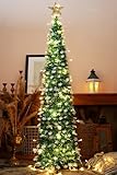 HMASYO 5 Ft Tinsel Christmas Tree with 50 LED Warm Lights - Collapsible Pop Up Green Snowflake Sequin Artificial Christmas Pencil Trees Xmas Decorations for Home Fireplace Party (5 FT - Green)