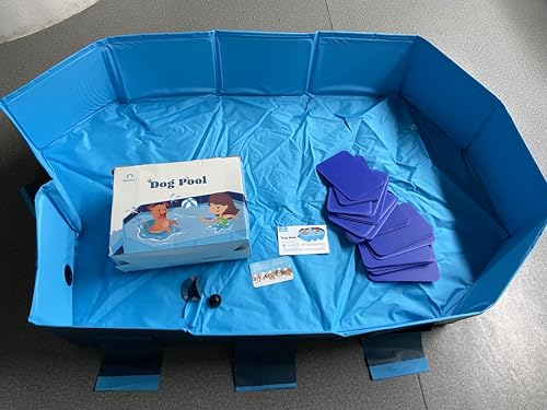 Image of Peteast Dog Pool for Large Dogs, Foldable Hard Plastic, 82 x 46 x 12 in | Extra Large Collapsible Pet Bath Tub with Non-Slip Base for Indoor, Outdoor and Backyard Use, Blue&Dark Gray