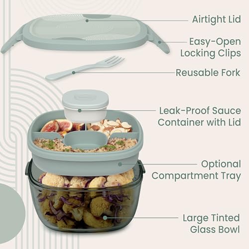 Image of Bentgo Glass Salad Container, 7.6-Cup, 4-Compartment Tray, Reusable Fork