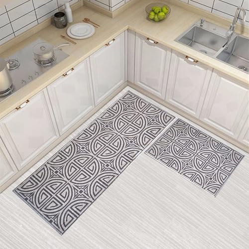 Image of Matz&More Anti Slip Runner & Floor Mat Combo Set 50x120cm Runner 40x60cm Door Mat Greek Geometric Pattern Nylon Tufted Low Pile Non-Skid Rubber Backing Indoor Carpet for Kitchen, Bathroom, Grey Beige