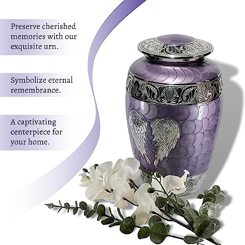 Image of Purple Urn for Human Ashes Adult Female and Male - Elegant Large Cremation Urns with Angel Wings, Decorative Funeral Memorial Burial Urn