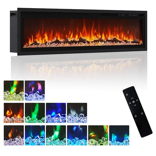 Image of LUXOAK 127cm/50 Inch Electric Fireplace with Heater, Wall Mounted, Recessed or Freestanding Electric Fire, 12 Flame Colours, Log & Crystal Fuel Bed, Remote & Touch Control, Black