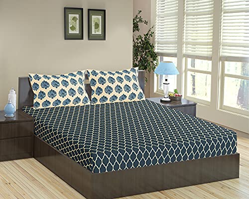 Image of Trance Home Linen 200TC 100% Cotton 78 inchx72 inch Standard King Size Elastic Fitted Bedsheet | Printed King Bed Size Elasticated Fitted Bedspread with 2 Pillow Covers (King 78x72 inch, Dori & Damask - Blue)