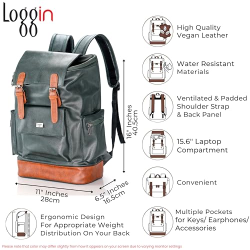 Image of LOGGIN 15.6 Inch Unisex Laptop Backpack for Men & Women | Premium Vegan Leather Water-Resistant Bag | Stylish Office, College & Travel Backpack with Anti Theft Design Multiple Pockets