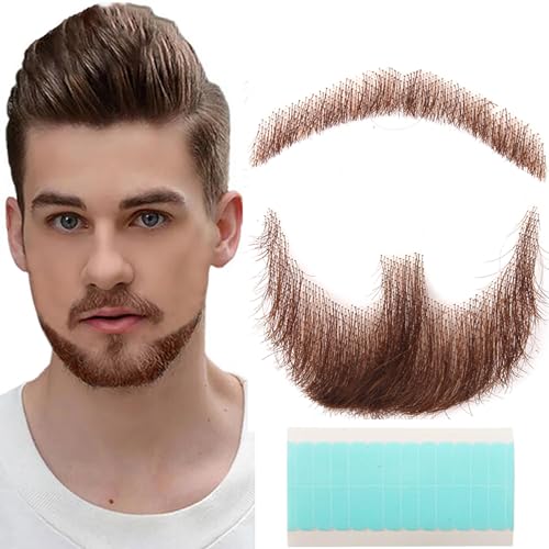 TOLHYUN Fake Beard Goatee Beard Realistic 100% Human Hair Full Hand Tied Goatee False Beards Lace Invisible Fake Mustache for Halloween Dressing Men Makeup Entertainment/Drama/Party/Movie (Brown)