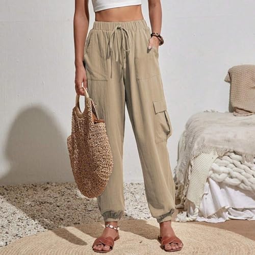 Linen Joggers for Women Loose Drawstring High Waisted Cargo Pants with Pockets Casual Summer Comfy Hiking Pull On Pants2
