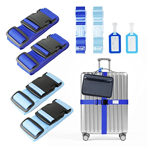 4 correas para maletas, correas ajustables antideslizantes para equipaje, correa de equipaje con 2 correas de mochila y 4 etiquetas para equipaje (azul oscuro + azul claro) Cover