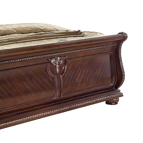 Benjara-Mano-Queen-Bed-Faux-Leather-Upholstery-Classic-Floral-Carved-Wood-Brown-Gray Benjara Mano Queen Bed Faux Leather Upholstery Classic Floral Carved Wood Brown Gray