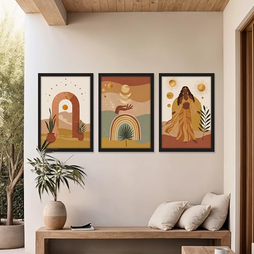 Image of NoWorries Boho Abstract Wall Art Framed Painting Set of 3 | Sun Moon Rainbow Woman Illustration Printswith Frame | Modern Aesthetic Bohemian Wall Decor Frames for Living Room, Bedroom and Office | Neutral Earth Tone Framed Artwork Ready to Hang (Art-4, 10x13inch, Wooden)