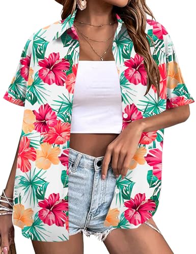 LOMON Women Hawaiian Shirt Soft Cool Hawaii Shirts Tropic Print V Neck Short Sleeve Button Up Tops White Red Floral S