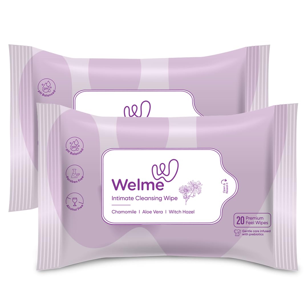 Welme Intimate Cleansing Intimate Wipes for Daily Use | Chamomile, Aloe Vera & Witch Hazel | pH Balanced | Infused with Prebiotics | 20 Wipes for Travel, Periods & Pre/Post Intimacy